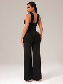 Radiana 女士性感优雅独特黑色金属链条吊带连体裤，修身阔腿连体裤，休闲裤，适合日常外出、夜生活、派对、鸡尾酒会、俱乐部、晚宴、约会、音乐会、度假、节日等场合。 - 黑色 - 查看 3