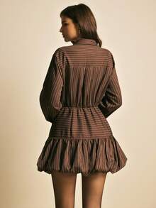 Poéselle Women's Fashion Striped Button Long Sleeve Mini Dress,Women's Bubble-Hem Dress,Women's Winter Dress ,Christmas Dress,New Year Dress,Elegant Dresses For Women,Casual Dresses For Women,Brown Dress For Women,Suitable For Daily Wear, Party,Going Out, Commuting,Fall/Winter - Brown - View 7