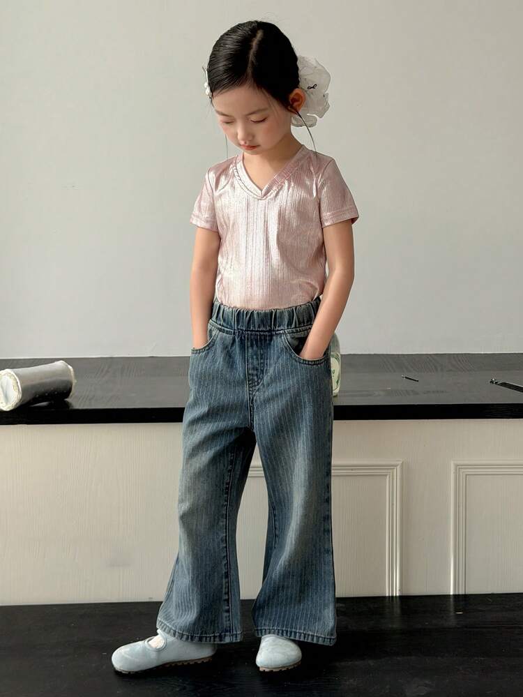 Young Girl Elastic Waist Slant Pocket Casual Flare Jeans