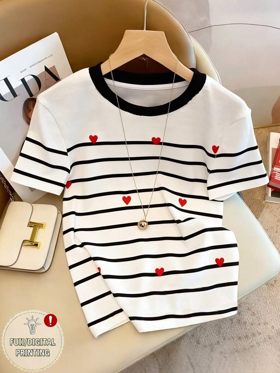 Resyla Women's Striped & Heart Print Round Neck Casual Short Sleeve T-Shirt