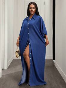 BamGleam Women's Casual Everyday Commute Batwing Sleeve Loose Denim Dress, Spring/Autumn - Light Wash - View 6