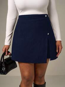 SHEIN Tall CURVE Quần short/váy nhung kẻ màu trơn, kiểu dáng thanh lịch, cỡ lớn, phù hợp cho mùa thu/đông. - Xanh đậm - Xem 4