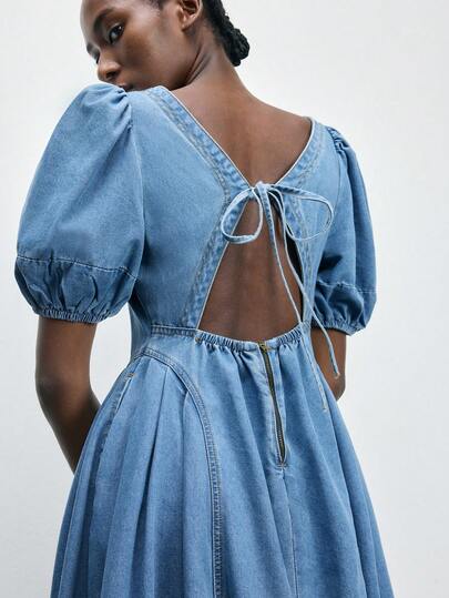 Maija 女士纯色露背系带休闲短袖牛仔连衣裙