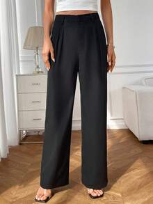 SHEIN Tall 女款黑色高腰寬腿西裝褲，優雅夏季辦公商務企業長褲，垂墜修身直筒寬鬆百褶休閒長褲，適合高個女性 - 黑色 - 查看 6