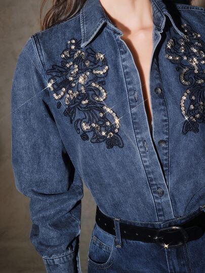 Anewsta Camisa de manga larga con bordado brillante y romántico para mujer, adecuada para fiestas de San Valentín y vacaciones, color azul