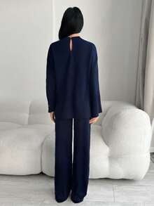 Modelyn Women's Casual Versatile Letter Embroidered Top And Pants Set Blouse And Pants Set Modest Two Piece Set 2 Piece Casual Sets Woman - Navy Blue - View 8