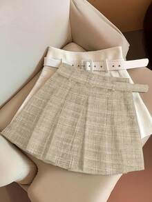 Franclia Fashionable High-Waisted Slimming A-Line Belted Pleated Skirt For Women, Autumn/Winter - Apricot - View 6