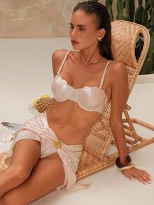 Swim Oasis Women's Shell Cup Spaghetti Strap Adjustable Pearl Back Triangle Bottoms Side Pearl Skirt Front Center Sunflower 3-Piece Bikini Swimsuit - Beige - View 3