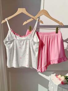 Comfortcana 女士休闲蝴蝶结印花吊带背心和短裤两件套，夏季 - 粉色 - 查看 2