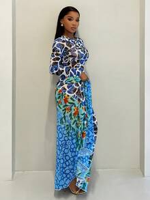 BamGleam Floral Contrast Mesh Puff Sleeve Elegant Romantic Vacation Dress - Blue - View 7