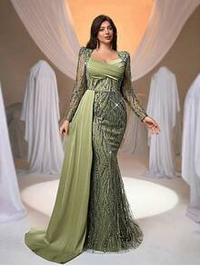 Glamrae Plus Size Sage Green Elegant Spring Wedding Dress, Asymmetric Neckline Sequin & Mesh Mermaid Evening Gown With Side Drape For Party Events - Green - View 9
