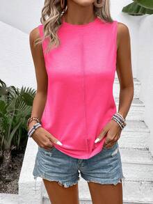 EMERY ROSE Women's Fluorescent Color Crew Neck Casual All-Match Tank Top, Spring/Summer - Pink - View 6