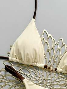 Swim Mod Women's New Metal Decor Solid Color V-Neck Halter Backless Triangle Bikini Set, Sexy Thong Swimsuit, Spring/Summer