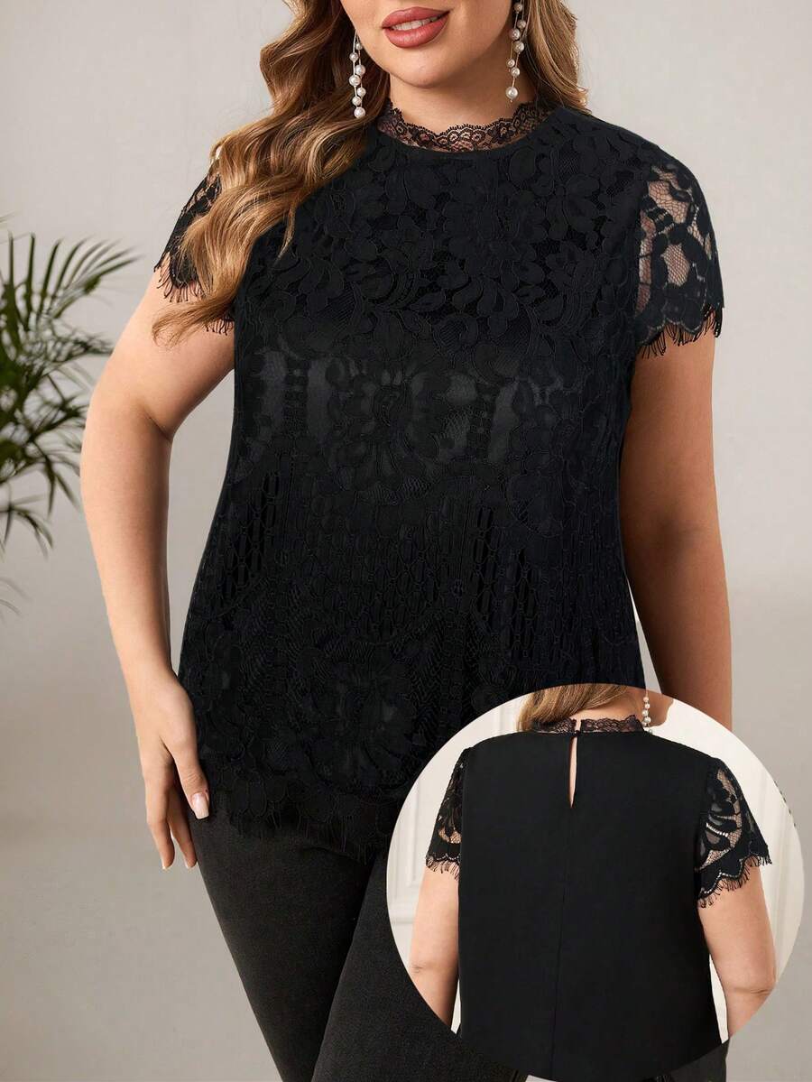 SHEIN Clasi Plus Size Elegant Lace Patchwork Chiffon Blouse, Summer Evening Formal Black Tops - Black - View 1