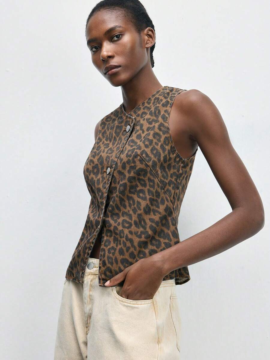 Maija Women's Casual Fashionable Street Leopard Print Wrap Single-Breasted Fitted Denim Vest, Summer - Multicolor - View 1