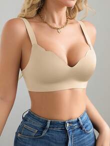 SHEIN 1pc Seamless Minimalist Wavy Edge Solid Color No Underwire Push Up Full Coverage Women Bra - Beige - View 7