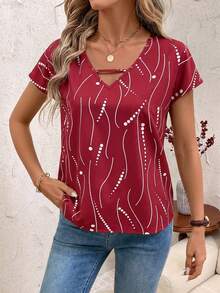 SHEIN Clasi 女士镂空印花休闲短袖上衣 - 紅色 - 查看 3