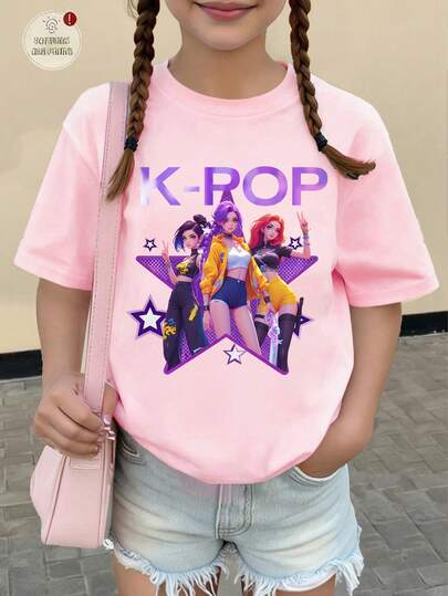 Tween Girls' Oversized Cartoon Graphic Round Neck Short Sleeve T-Shirt