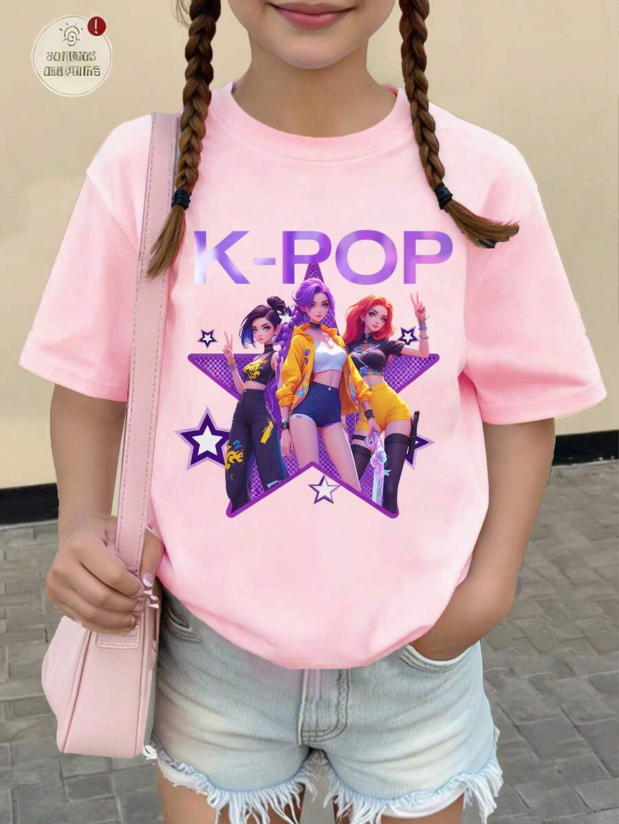 Tween Girls' Oversized Cartoon Graphic Round Neck Short Sleeve T-Shirt - Pink - View 1