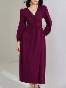 DAZY Damen elegantes Kontrast-Spitzen-V-Ausschnitt-Ballonärmel-Raffung-Taille-Midi-Kleid, Frühlings-/Herbst-Sommerkleid - Bordeaux - Übersicht 6