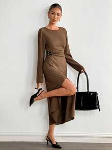 Siren Gaze Vestido midi de manga larga con cuello redondo y abertura alta de unicolor para mujer - Marrón - Ver 7
