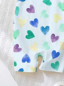 SHEIN 奶油蓝色，彩色手绘爱心印花，女婴休闲连体衣，适合春夏穿着 - 彩色 - 查看 3