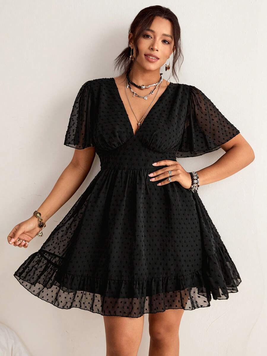Freevana Abito casual versatile a maniche corte con scollo a V tinta unita, taglie comode - nero - Visualizzare 1