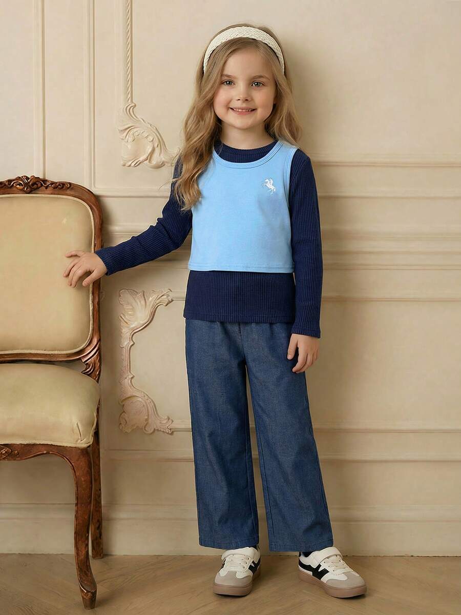 PrepCrw 三件套少女优雅都市学院风藏蓝色长袖针织上衣、蓝色背心和裤子套装，适合休闲外出、聚会、节日、派对、秋冬季穿着。 - 藍色 - 查看 1