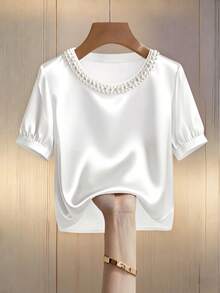 Franclia 女士优雅圆领珍珠装饰长袖T恤，适合通勤 - 白色 - 查看 1