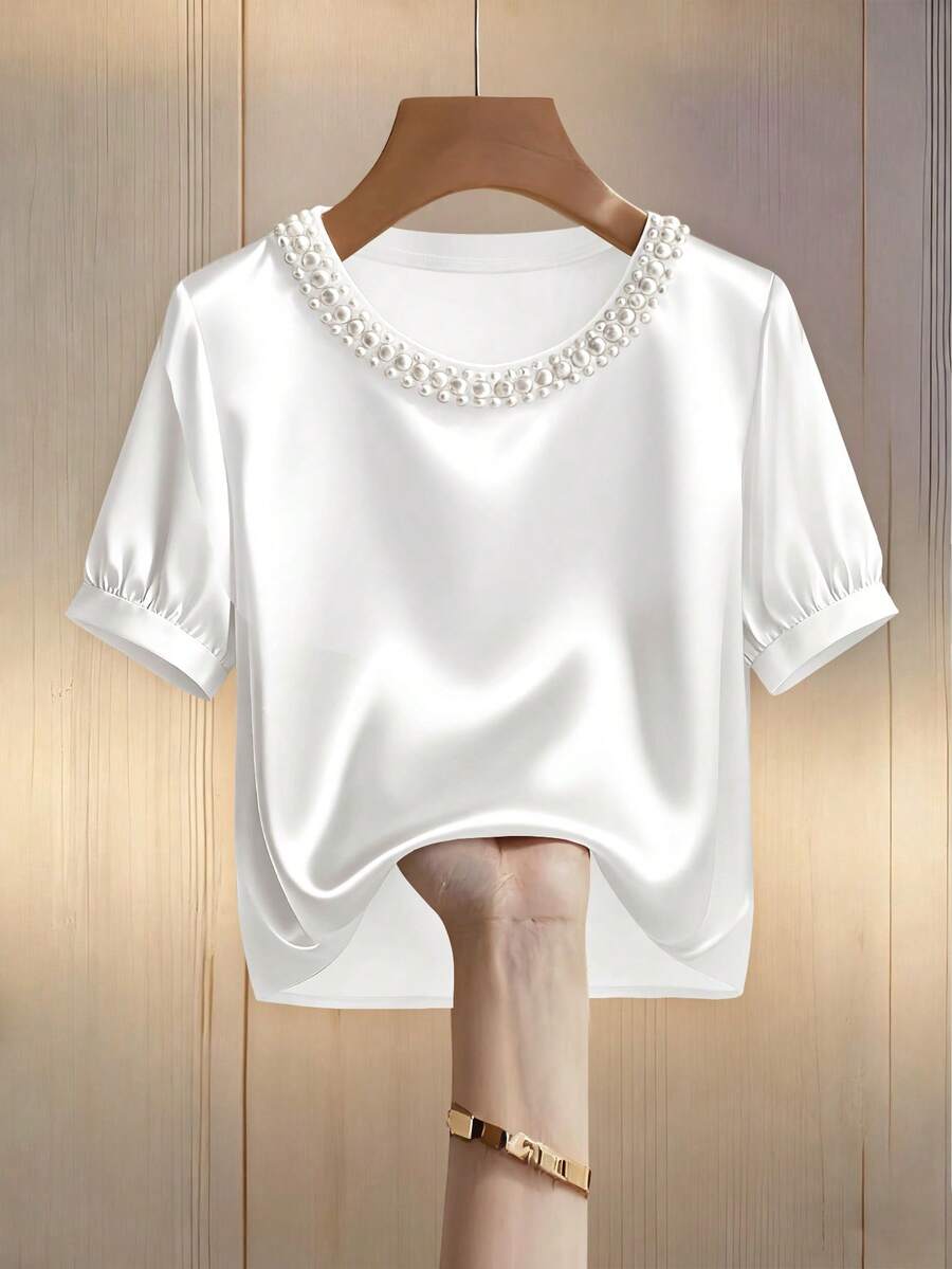 Franclia 女士优雅圆领珍珠装饰长袖T恤，适合通勤 - 白色 - 查看 1