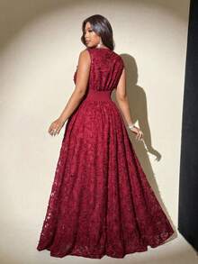 Viva Relle 大码V领蕾丝收腰优雅连衣裙 - 酒紅色 - 查看 3