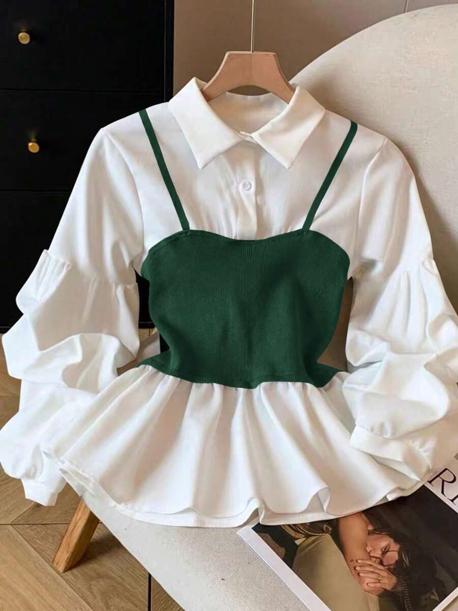 GlowEve Blusa de 2 en 1 con botones y dobladillo de peplum en bloques de color - Verde - Ver 1