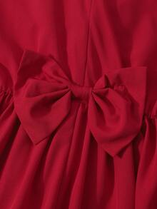 Girls Elegant Ruffle Collar Short Sleeve Dress,Red And White Contrast Cute Summer Dress For Party,Bow Beaded Decor,Daily Wear & Outings For Spring - Red - View 7
