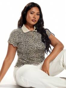 Solavibe Plus Size Women's Casual Vacation Shirt Collar Contrast Color Vintage Leopard Print T-Shirt, Spring/Summer - Multicolor - View 5