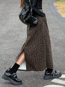 DAZY Teen Girl Leopard Print Slant Pocket Casual Denim Mini Skirt