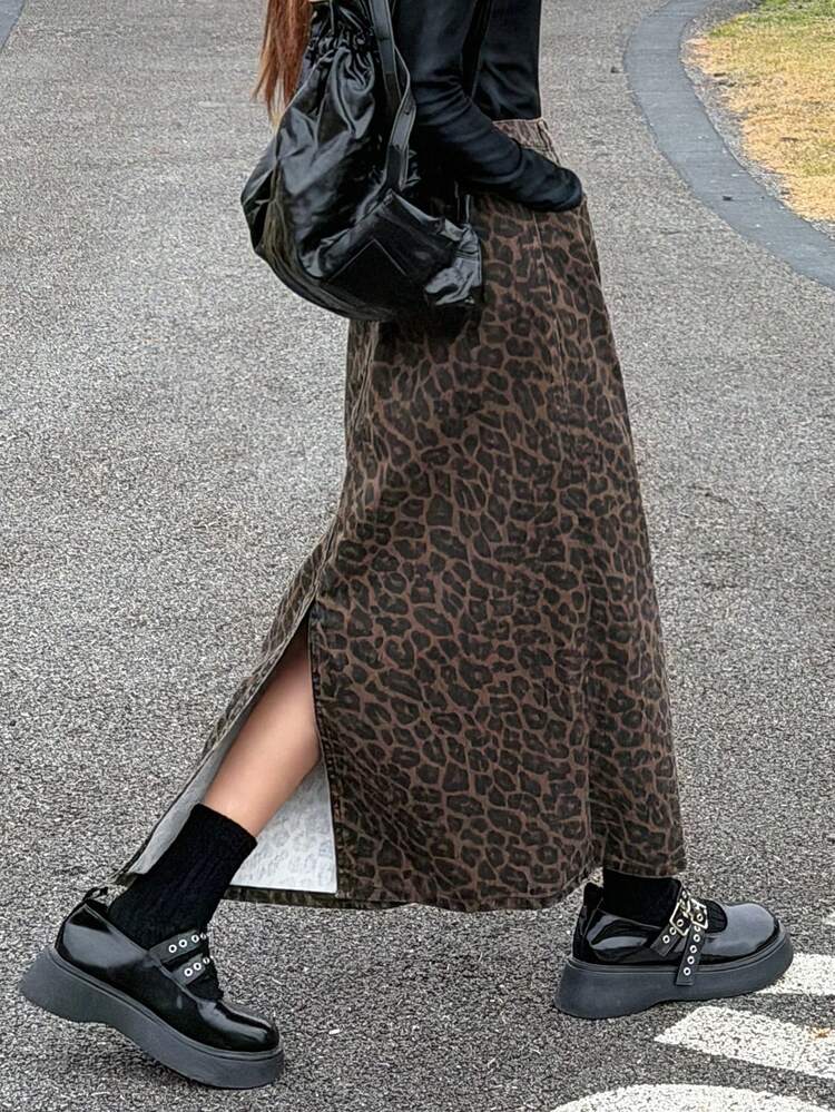 Teen Girl Leopard Print Slant Pocket Casual Denim Mini Skirt