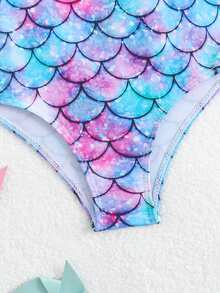 少女彩色鱼鳞数码印花连体泳衣，适合春、夏、秋季海滩度假 - 紫羅蘭色 - 查看 6