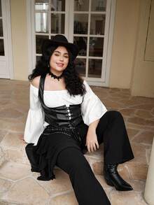 SHEIN MOD 大码女式二合一系带喇叭袖时尚衬衫 - 黑與白 - 查看 6