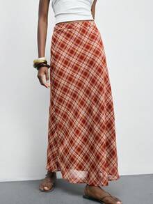 Maija Women's Casual Plaid Skirt Checkered Maxi Skirt Plaid Maxi Skirt Women's Maxi Skirt - Brown - View 5