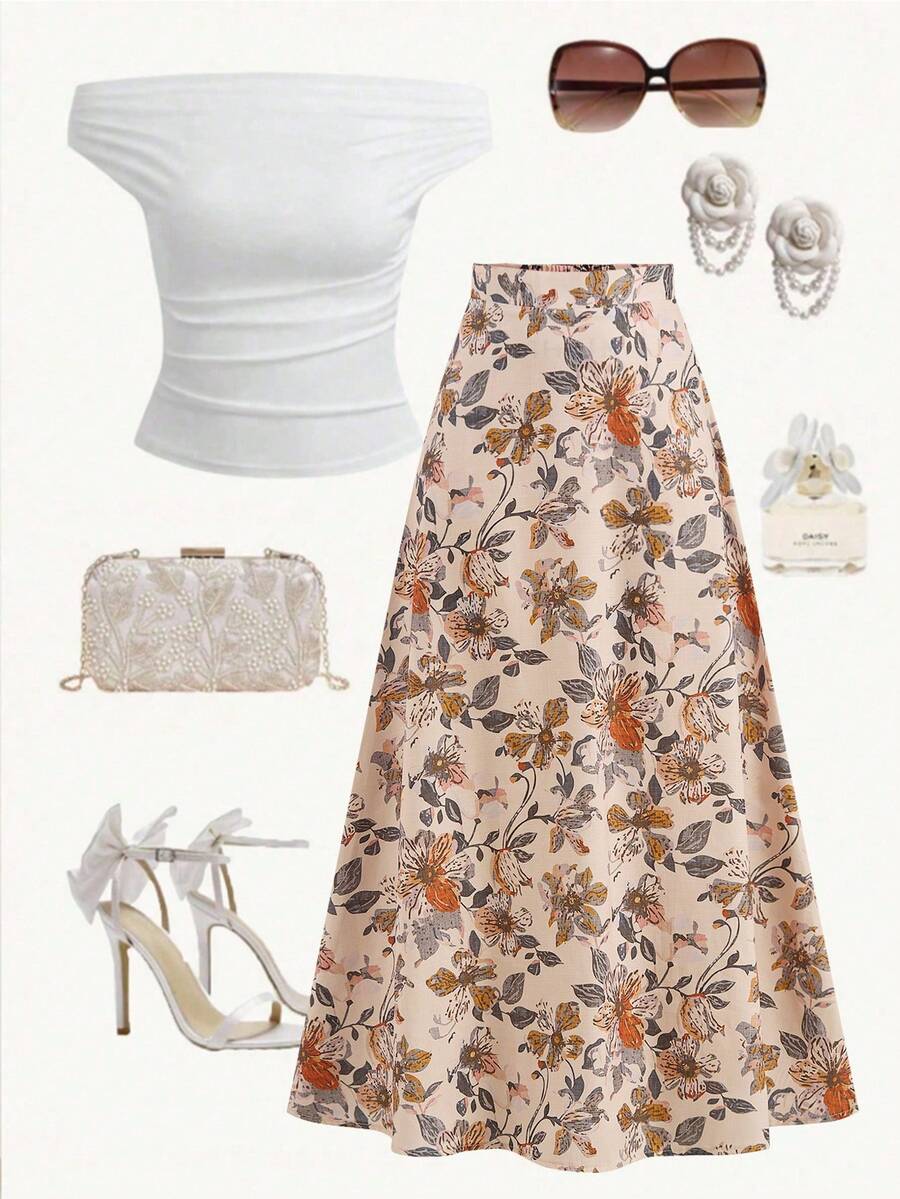 Ellevyn 夏季女士休闲印花半身裙，优雅通勤办公装，百搭职场单品；春季女士长款印花复古风优雅百搭中长裙