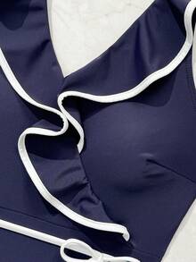 Swim Chiccia 1 bộ đồ bơi liền thân nữ màu trơn phối tương phản, cổ chữ V xếp nếp, dây đeo có thể điều chỉnh, hở lưng, thanh lịch. - Màu xanh hải quân - Xem 8