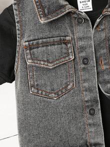 SHEIN Baby Boy Sleeveless Denim Pocket Vest & Adjustable Waist Denim Shorts 2pcs Set, Casual Streetwear Summer Outfit For Infant/Newborn Boys - Black - View 5