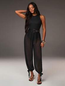 Athîral 女士休闲度假雪纺半透明连体裤，黑色连体裤，背心无袖连体裤，休闲连体裤，户外连体裤，黑色裤子，弹力针织拼接雪纺，女士黑色连体裤，女士连体裤，性感女士连体裤 - 黑色 - 查看 1