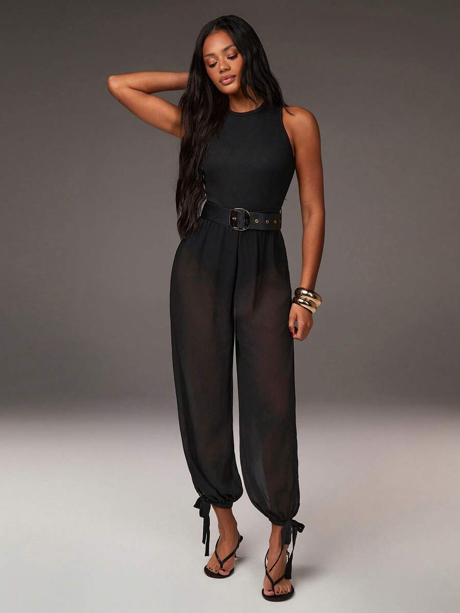 Athîral 女士休闲度假雪纺半透明连体裤，黑色连体裤，背心无袖连体裤，休闲连体裤，户外连体裤，黑色裤子，弹力针织拼接雪纺，女士黑色连体裤，女士连体裤，性感女士连体裤 - 黑色 - 查看 1