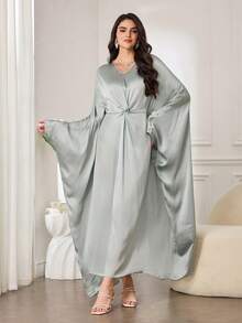 Al Najma Áo Kaftan dáng rộng và truyền thống Ả Rập dành cho nữ, kiểu dáng thanh lịch, sang trọng, cao cấp, duyên dáng, nữ tính với cổ áo đính kim cương, thắt lưng buộc eo, thiết kế bất đối xứng, chất liệu satin mềm mại, nhẹ, bóng mượt, cao cấp, kết cấu mềm mại. - màu xanh lá - Xem 7