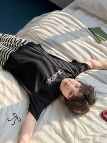 DAZY Tween Boy Letter Print Drop Shoulder Loose Black Top And Striped Pants Pajama Set Spring - Black - View 5