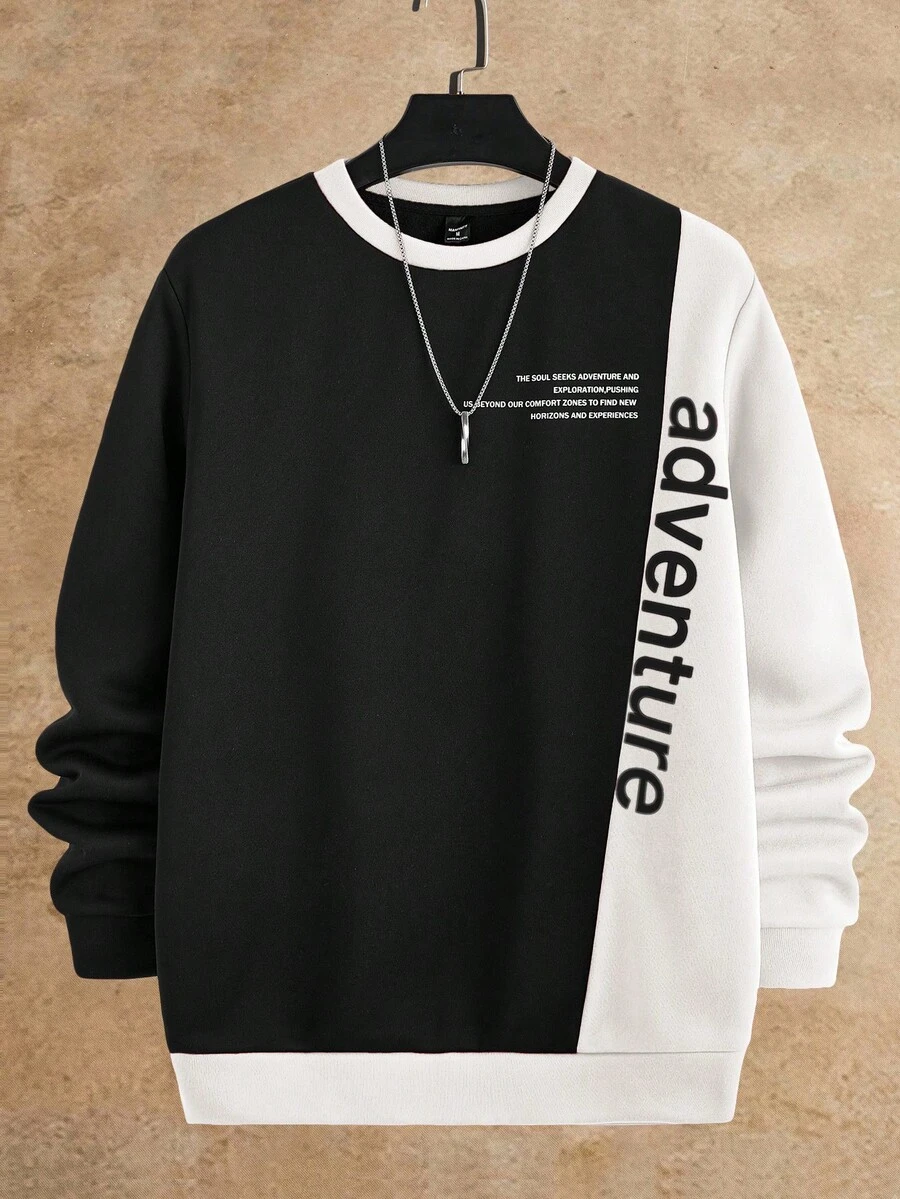 Manfinity VCAY Men's Adventure Slogan Print Sweatshirt Black And White Contrast Color Two Tone Long Sleeve Crew Neck Tee,Streetwear Autumn Back-To-School Graduation - White - View 1