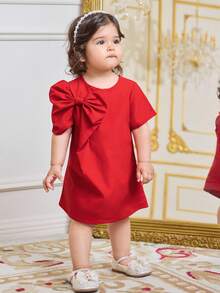 Baby Girl Woven Solid Color Bow Decor Short Sleeve Elegant Fashionable T-Shirt Dress, Suitable For Commuting Red Dress - Red - View 4
