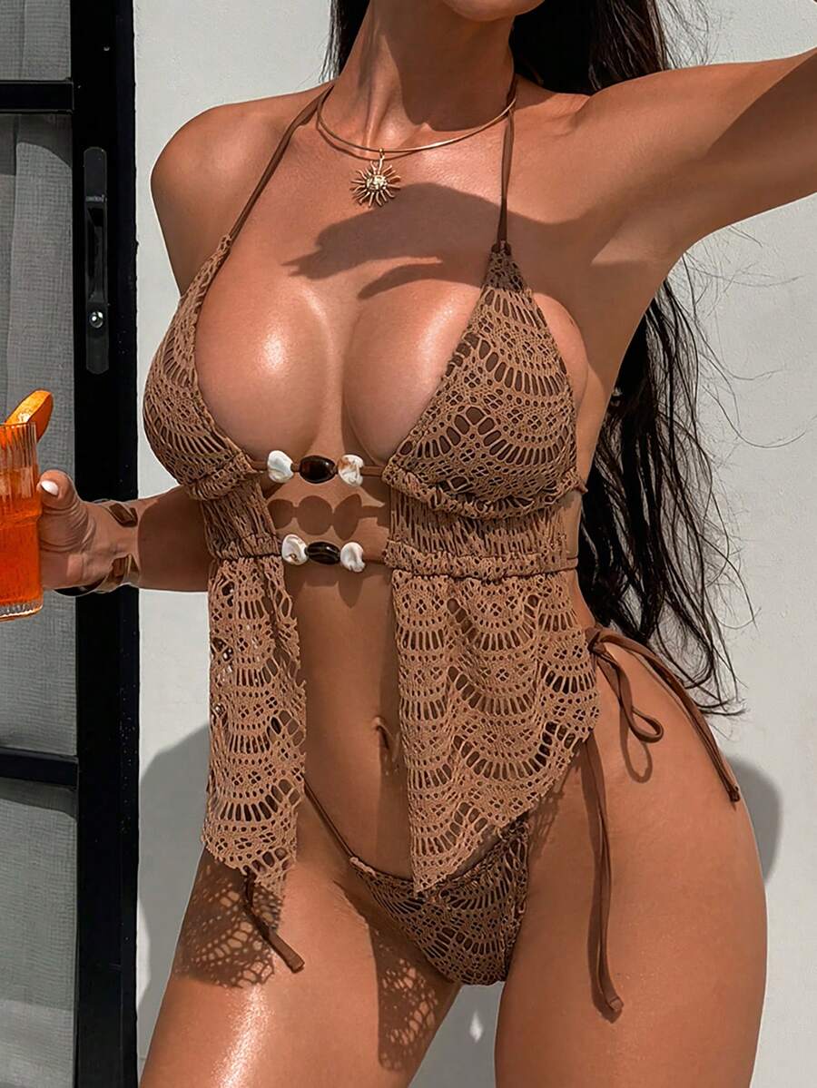 Swim SXY Conjunto de bikini de mujer de verano/primavera/otoño para playa y resort, con tirantes finos, encaje, parches, doble capa, calado en la espalda, flecos y colgante de cristal de alta gama - Marrón - Ver 1