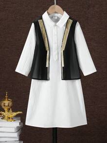 SHEIN 2-Piece Set Young Boys Traditional Casual Sportswear,Retro Art Golden Edge Ribbon Shirt Robe&Cardigan,Autumn Kids Outfits For Wedding,Evening Party - Black and White - View 2
